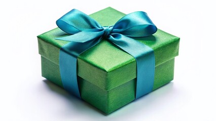 Obraz premium Elegant Green Gift Box with Blue Ribbon, Isolated on White Background - Perfect for Holiday or Birthday Presents