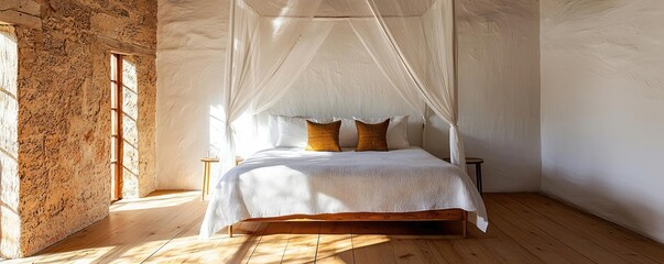 Rustic room interior idea. Stylish bedroom with a four-poster bed, cozy pillows, and natural light streaming in.