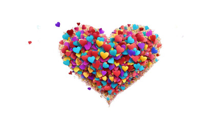 Obraz premium Vivid heart-shaped fireworks bursting into the night sky, with multicolored heart-shaped confetti cascading down in celebration of love, happiness, and joy, on a white transparent background PNG