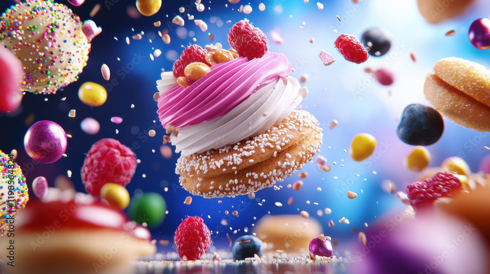 Aufkleber Delightful floating desserts with colorful toppings and sprinkles create vibrant scene of joy and indulgence. Perfect for sweet treats lovers and bakery enthusiasts