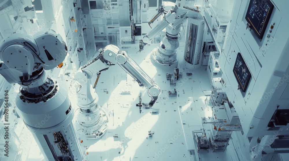Poster futuristic robotic automation in a modern cleanroom factory setting