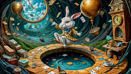 White crazy rabbit with a pocket watch from the fairy tale Alice in Wonderland