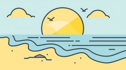 Clean linear icon of a beach, in shades of yellow and blue. Simple lines, minimalistic and natural design.