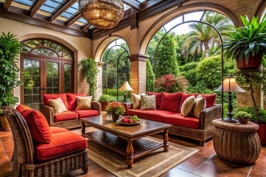 Elegant Outdoor Wicker Lounge with Red Cushions & Walnut Coffee Table in Loggia Garden