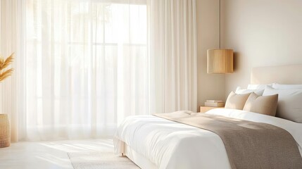 Bedroom interior idea. A serene bedroom with soft natural light filtering through sheer curtains.