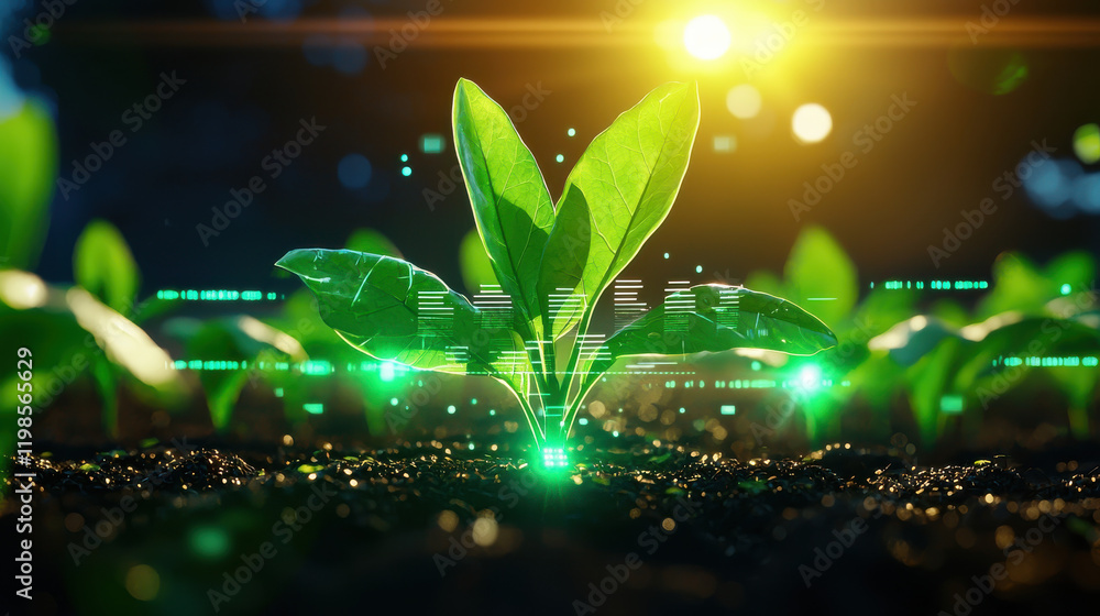 Aufkleber vibrant green plant emerges from rich soil, symbolizing sustainable agriculture and technology integ