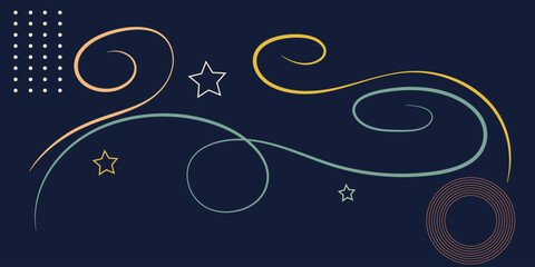 Abstract greetings banner with swirl ribbons and stars on dark blue colour background