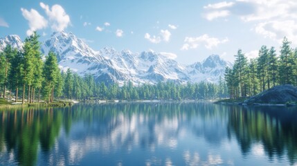 Fototapeta premium Serene Mountain Lake with Snow-capped Peaks and Lush Pine Forest