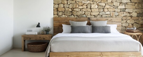 Bedroom interior idea. Modern bedroom design featuring a wooden bed, stone wall, and minimalist decor.