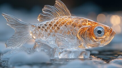 Ice fish sculpture on frozen water.