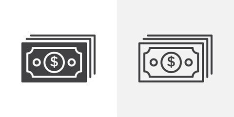 Cash icons. flat and line style set