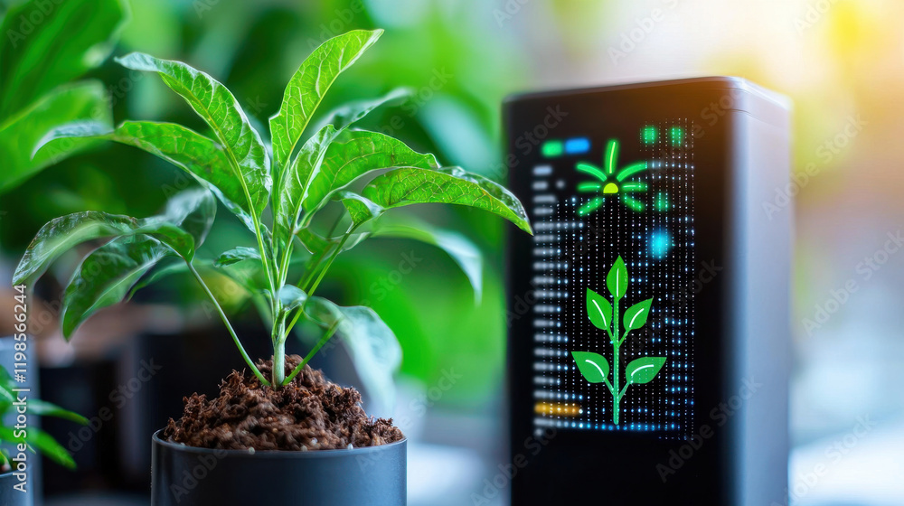 Poster close up of green energy technology featuring smart device displaying plant growth data alongside he