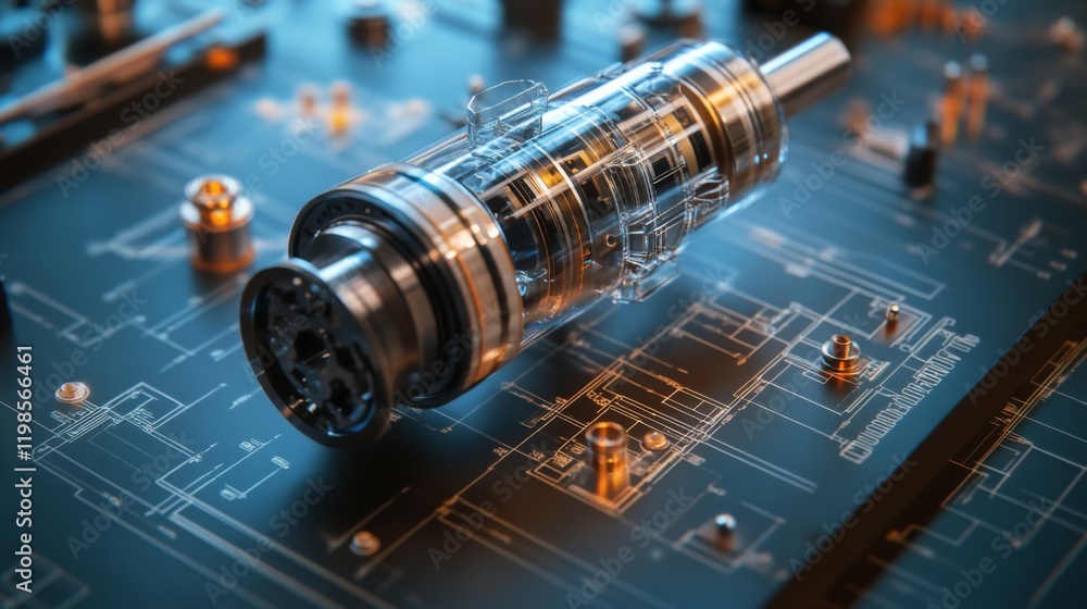 Poster close-up view of a transparent vacuum tube on a complex circuit board, showcasing intricate details 