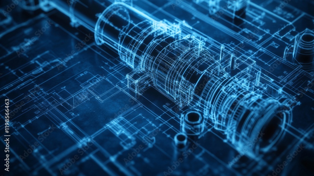 Poster futuristic digital engineering blueprint with glowing circuits and mechanical components