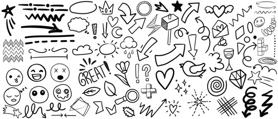 Simple sketch line style elements. Doodle cute ink pen line elements isolated on white background. Doodle arrow, heart, star, decoration symbol, icon set. Vector illustration of kids pencil drawing. 