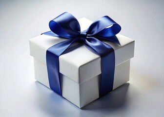 Obraz premium Elegant White Gift Box with Navy Blue Ribbon - High-Resolution Product Mockup