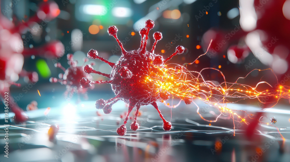 Poster dynamic 3D illustration of microscopic virus with glowing particles, showcasing its intricate structure and movement in futuristic environment