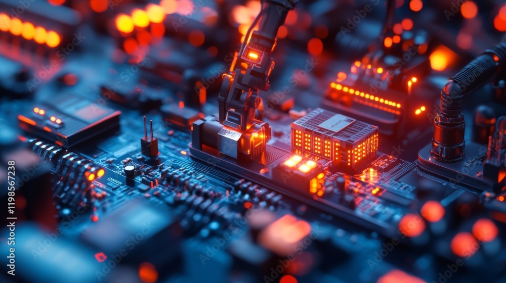 Poster close-up of a circuit board with robotic arm during assembly process