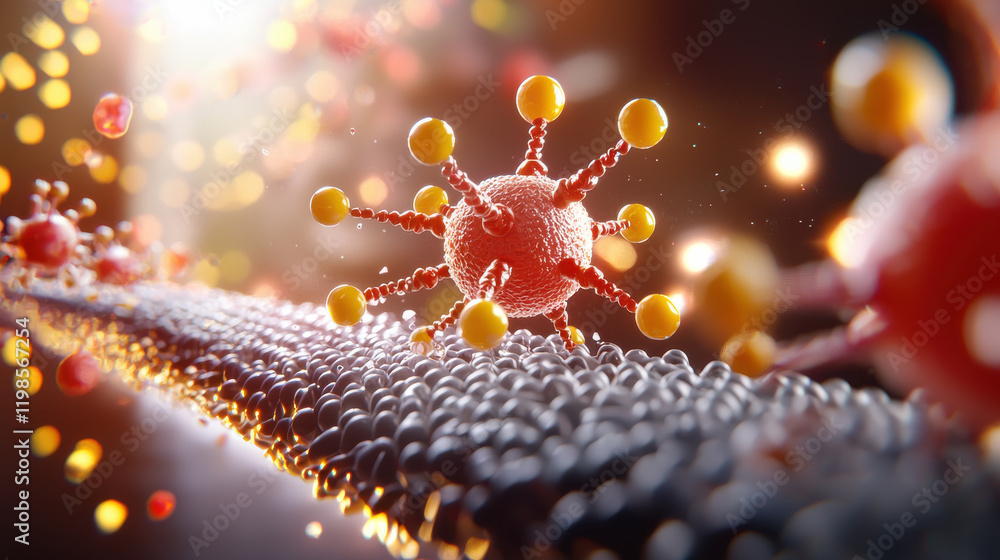 Poster dynamic 3D illustration of microscopic nanobots interacting with virus, showcasing vibrant colors and intricate details. This captures essence of advanced technology in biological applications