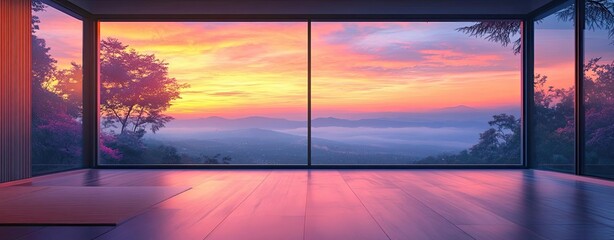 Mindfulness getaways featuring private rooms with large windows overlooking nature, pastel lighting for serenity