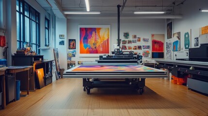 Interior of a printshop with a large format inkjet printer on a wooden floor, mid-process of printing a colorful piece of art.
