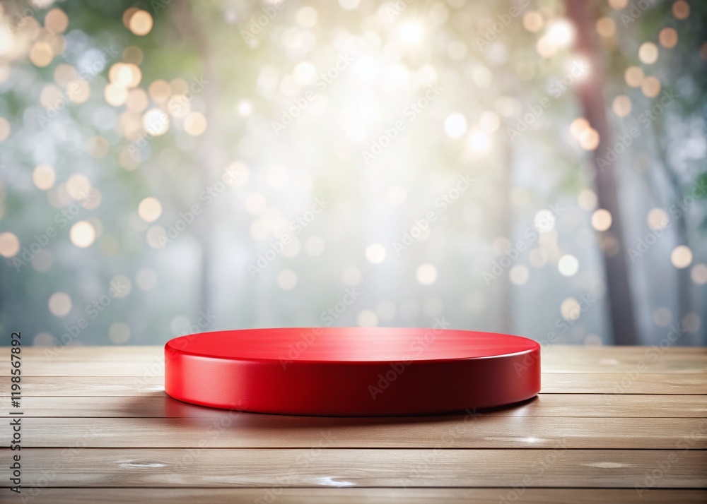 Poster empty red podium display on white wooden background with tree shadow – product shelf mockup