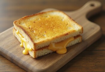 Close Up Of Grilled Cheese Sandwich With Melted Cheese Oozing Onto Wooden Cutting Board With Rustic Spoon Handle