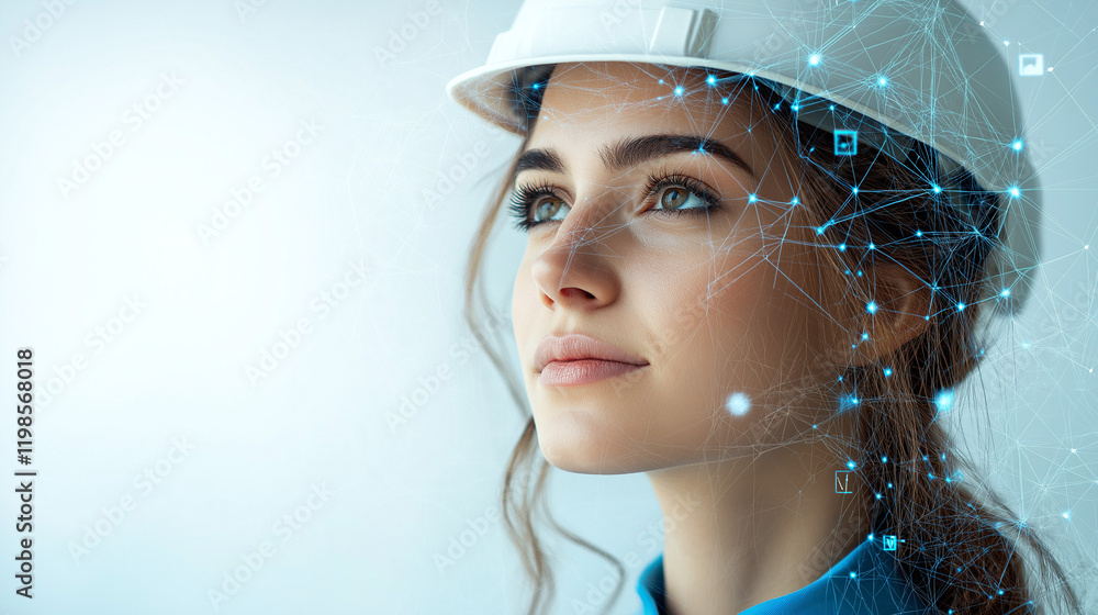 Poster young girl engineer in a helmet on a light background . generative ai