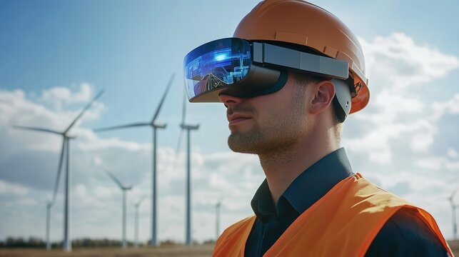 Engineer evaluating wind turbines using augmented reality wind farm technology outdoor side view innovation