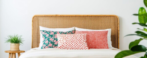 Bedroom interior idea. Cozy bedroom with colorful pillows and a decorative plant for a relaxed atmosphere.