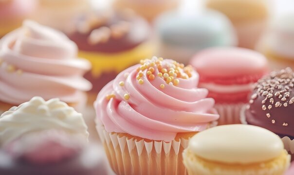  vibrant desktop wallpaper featuring an assortment of colorful cupcakes, Generative AI