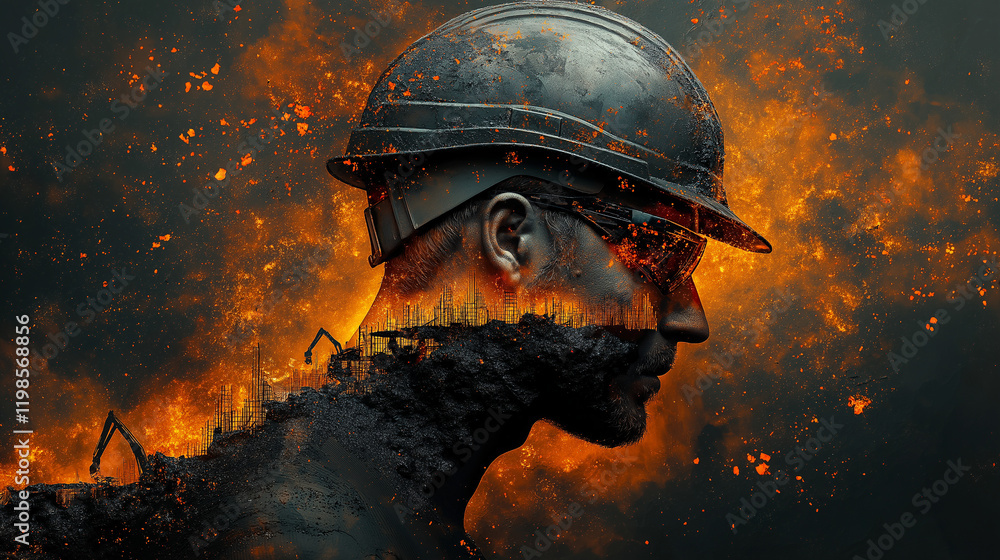 Poster tired builder in a helmet in a futuristic fusion with hard everyday life . generative ai