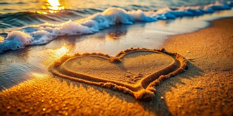 Obraz premium Ephemeral Heart: Wave Washing Away Heart Drawing on Sandy Beach - Macro Photography