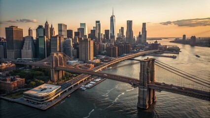 Aerial Dusk View of Downtown Manhattan Descending to Reveal Brooklyn Bridge