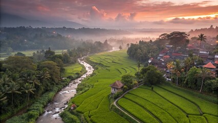 Aerial Long Exposure of Ubud Rice Terraces, Bali - Dramatic Sunrise
