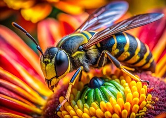 Aerial Macro Photography: Striking Floral Striped Caucasian Wasp