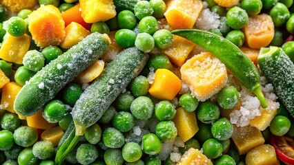 Aerial Macro Shot of Frozen Vegetables: Peas, Corn, and Green Beans