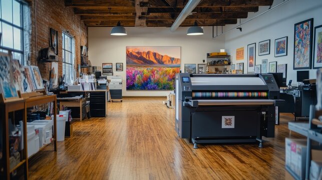 Large format inkjet printer in a well-lit printshop with wood floors, mid-print of a colorful and detailed artwork.