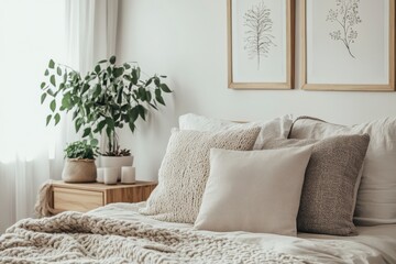 Minimalist bedroom, neutral tones, cozy atmosphere natural light modern interior design