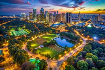 Aerial Night Drone Shot: Piedmont Park & Atlanta Skyline
