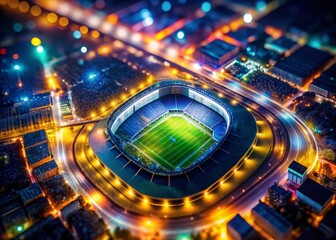 Aerial Night Soccer Stadium, Bokeh Lights, Impressionistic View