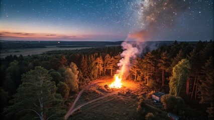 Aerial Night Photography: Campfire Glow in Dark Forest