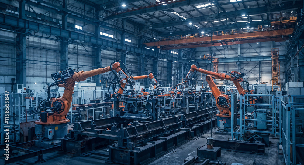Poster futuristic automated assembly shop with robots . generative ai