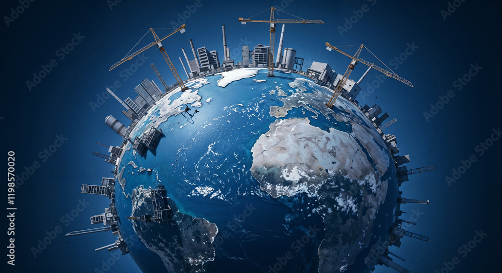 Aufkleber planet where construction is underway cranes and building frames . generative ai