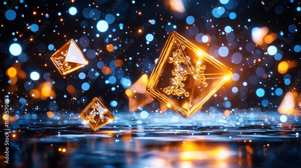 Poster Futuristic geometric shapes float in shimmering environment, creating mesmerizing visual effect. vibrant colors and reflections enhance ethereal atmosphere
