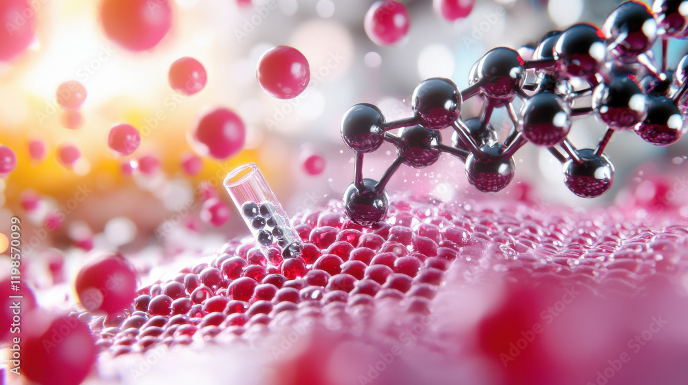 Poster futuristic depiction of nanobot swarm assembling molecular structures, showcasing intricate details 