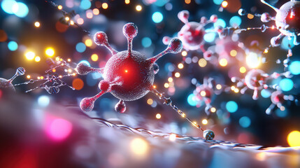 Futuristic depiction of nanobot swarm assembling with vibrant colors and intricate details, showcasing advanced technology and microscopic elements