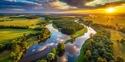 Aerial Summer River Sunset: Drone Photography of Serene Waterway