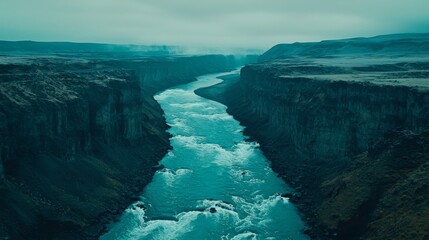 Dramatic Aerial View of a Turquoise River Flowing Through a Deep Canyon Landscape
