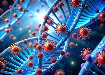 Aerial View: 3D Blue DNA Helix with Viruses, Genetic Research Concept
